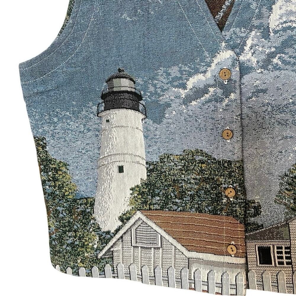 Blair Scenic Lighthouse Print Vest in Blue, White, Brown. Vintage grandmacore - Picture 4 of 12